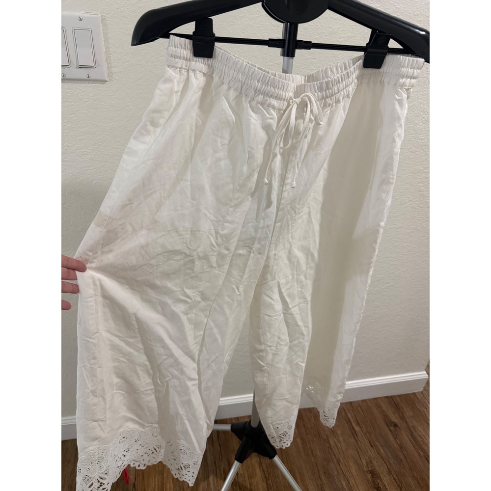 Kobi Halperin Womens L Lola White Pants Linen Tencel Lace Hem Pull On $348 Boho